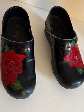 Sanita Women's Black Leather Clog with Red Rose Accent